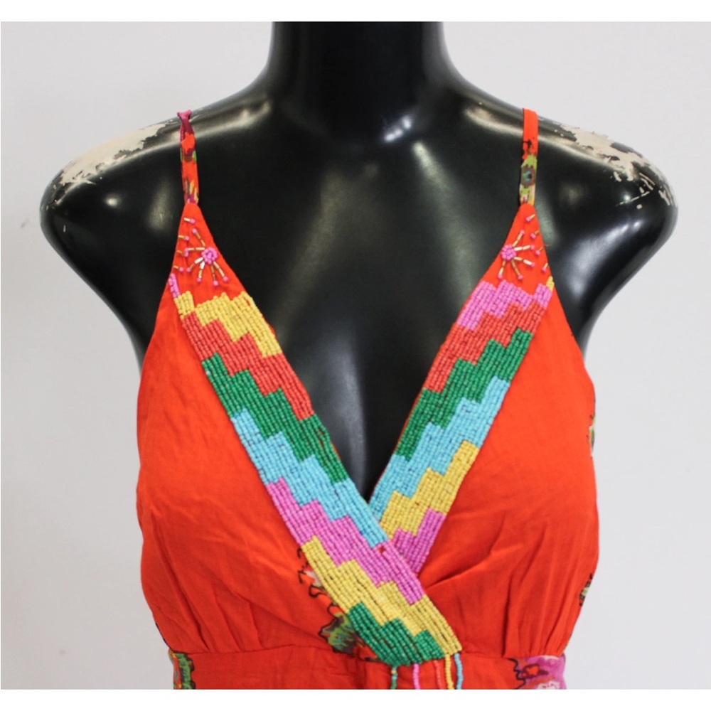 Anthropologie Barok Paris Beaded Tiered Maxi Dress Orange Pink Boho Small - Picture 9 of 14